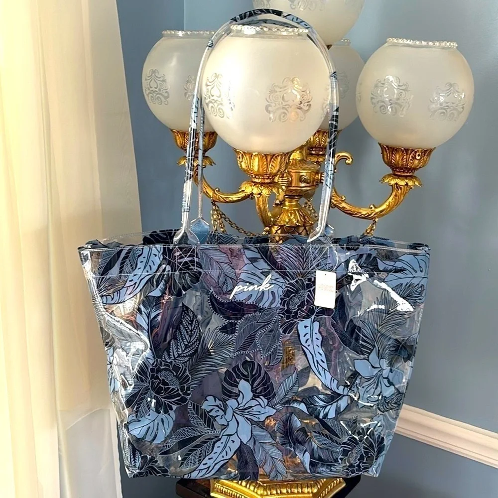 Brand New Pink Victoria’s Secret Blue Tropical Palm Clear Beach Tote Waterproof